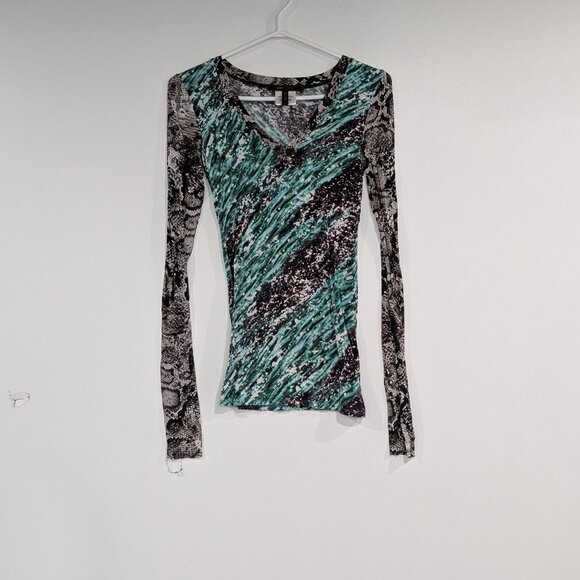 BCBG Max Azria Snakeskin Tie Dye V-Neck Long Sleeve Top Brown Teal Size Small - Picture 1 of 3
